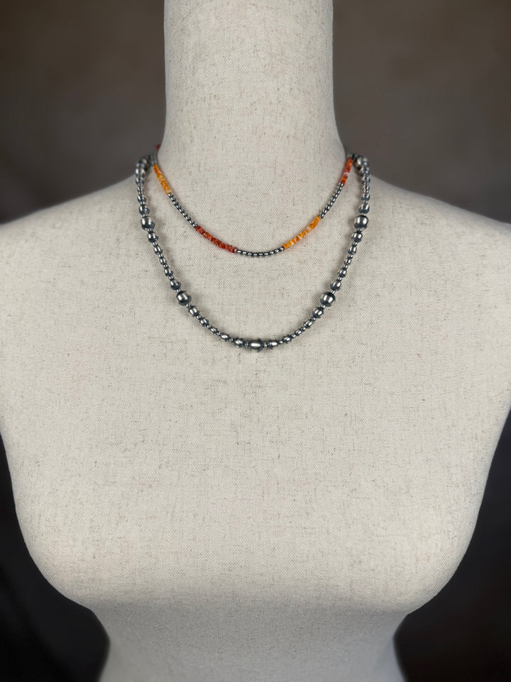 Handcrafted Red Spiny, Orange Spiny &amp; Sterling Silver Pearl 3mm Beaded Necklace | 16-17"
