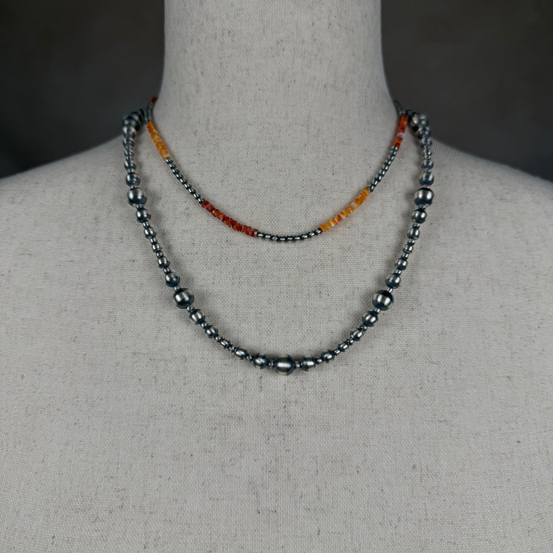 Handcrafted Red Spiny, Orange Spiny &amp; Sterling Silver Pearl 3mm Beaded Necklace | 16-17"