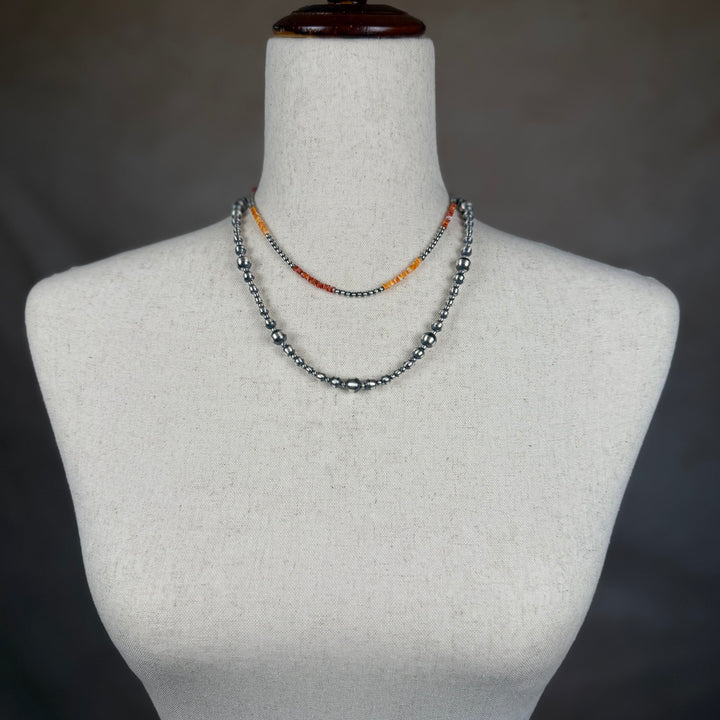 Handcrafted Red Spiny, Orange Spiny &amp; Sterling Silver Pearl 3mm Beaded Necklace | 16-17"