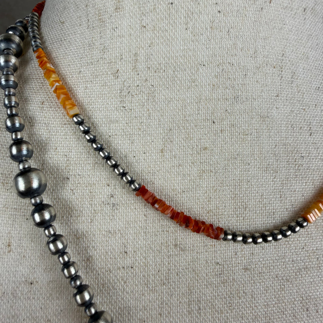 Handcrafted Red Spiny, Orange Spiny &amp; Sterling Silver Pearl 3mm Beaded Necklace | 16-17"