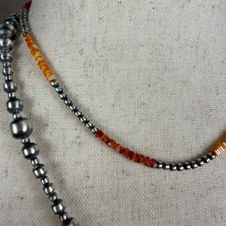 Handcrafted Red Spiny, Orange Spiny &amp; Sterling Silver Pearl 3mm Beaded Necklace | 16-17"