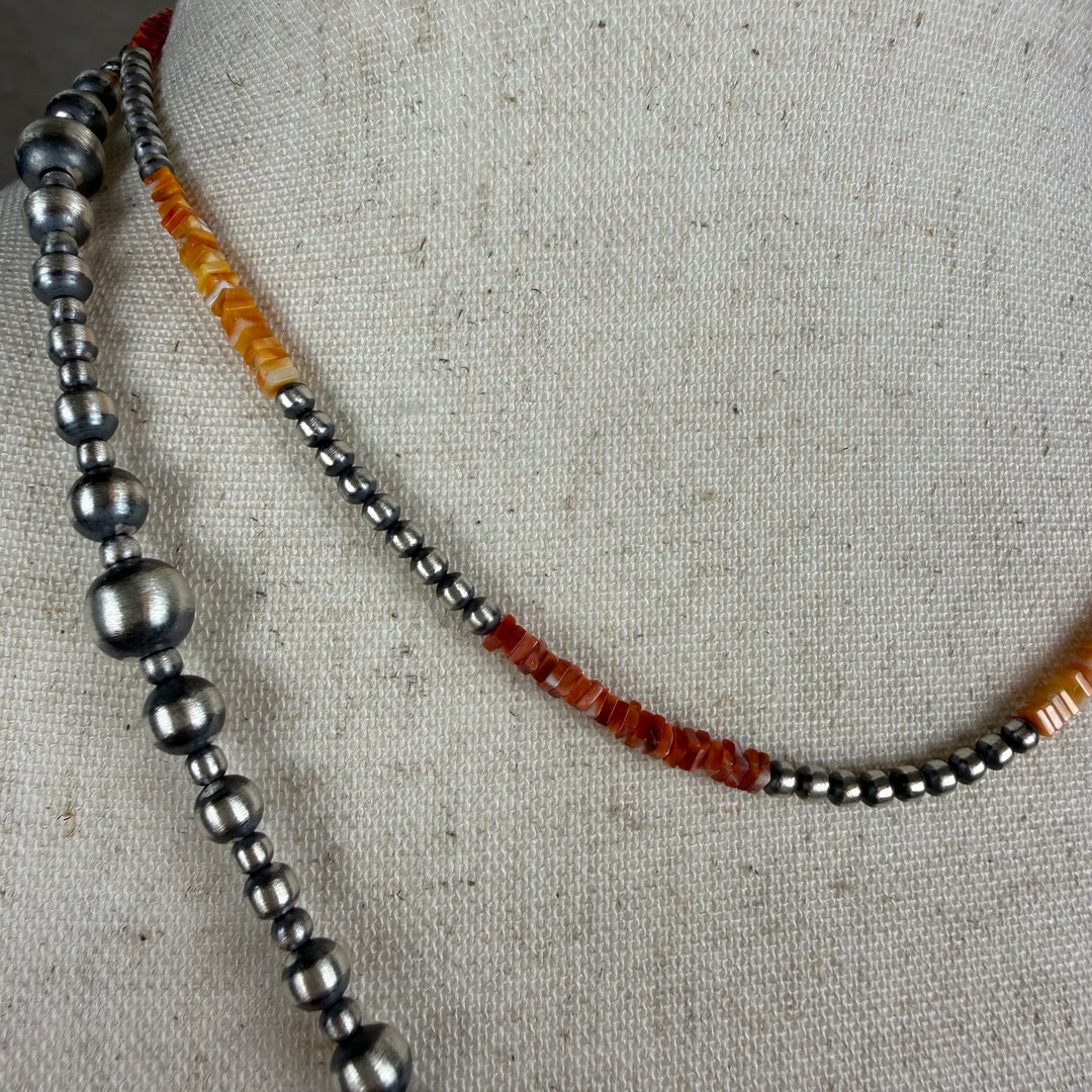 Handcrafted Red Spiny, Orange Spiny &amp; Sterling Silver Pearl 3mm Beaded Necklace | 16-17"