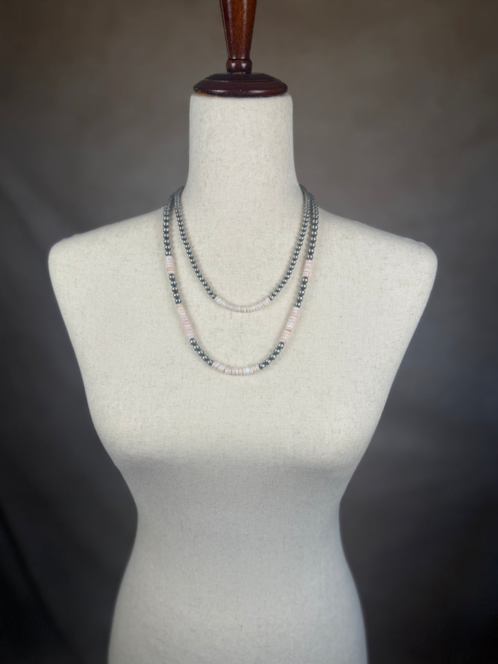 Handcrafted Sterling Silver Pearl &amp;amp; Queen Pink Conch Beaded Necklace 6mm